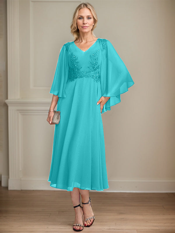 A-line V-Neck Tea-Length Chiffon Lace Mother of the Bride Dress With Beading Sequins
