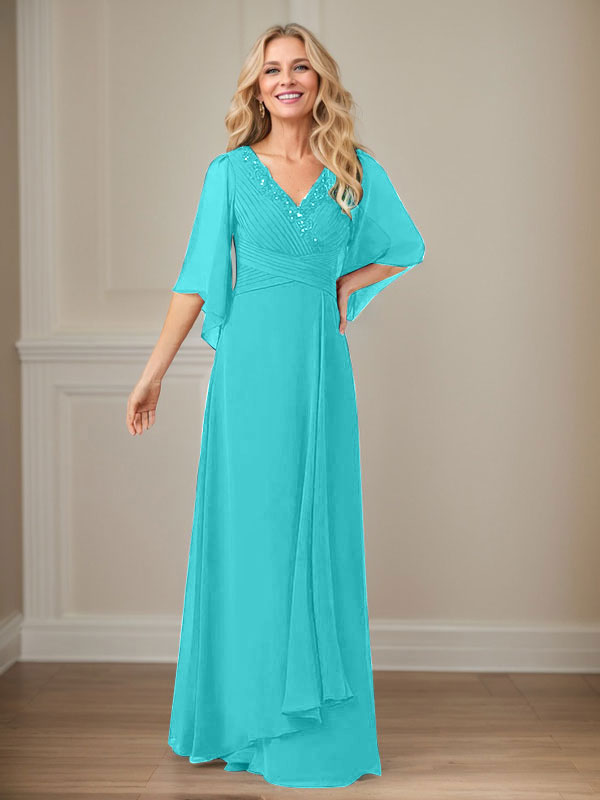 A-Line V-Neck Long Sequins Chiffon Mother Dress