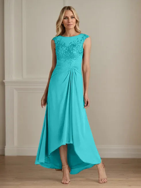 Champagne A-Line Scoop Lace Chiffon Dress