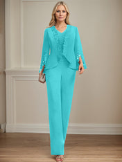 Separates Jumpsuit/Pantsuit V-Neck Floor-Length Chiffon Mother of the Bride Dress