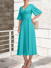 A-line V-Neck Tea-Length Lace Chiffon Mother of the Bride Dress With Pleated