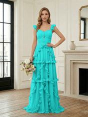 Ethereal Sky Blue Tiered Ruffle Chiffon Maxi Dress Gown