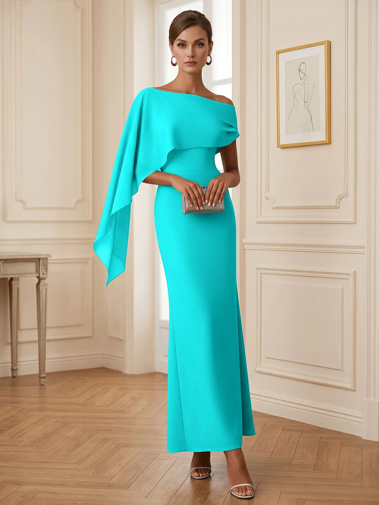 Elegant Mint Green One-Shoulder Chiffon Mermaid Formal Evening Dress with Cape and Ruffles