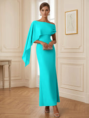Elegant Mint Green One-Shoulder Chiffon Mermaid Formal Evening Dress with Cape and Ruffles