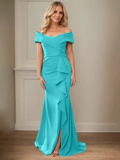 Column V-Neck Illusion Floor-Length Lace Chiffon Mother of the Bride Dress With Pleated Sequins