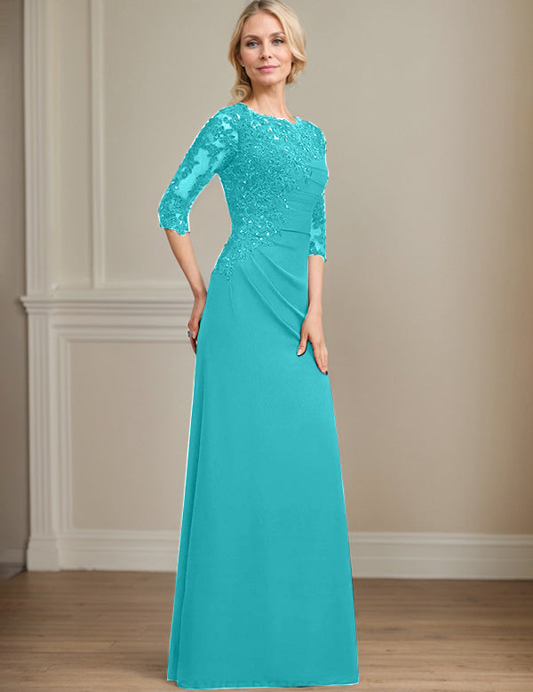 Robe de mère de la mariée trapèze en mousseline de soie et dentelle, longueur au sol, avec perles et paillettes plissées