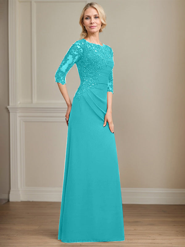 A-line Scoop Floor-Length Chiffon Lace Mother of the Bride Dress With Beading Pleated Sequins