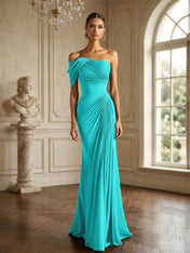 One Shoulder Pleat Mermaid Chiffon Evening Dresses for Women Gown