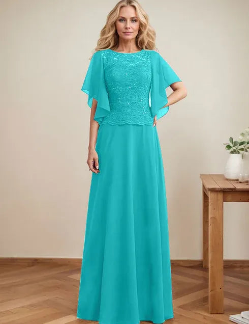 A-line Scoop Illusion Floor-Length Lace Chiffon Mother of the Bride Dress With Sequins