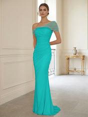 Sophisticated Blush Pink Asymmetrical Ruched Maxi Dress Evening Gown