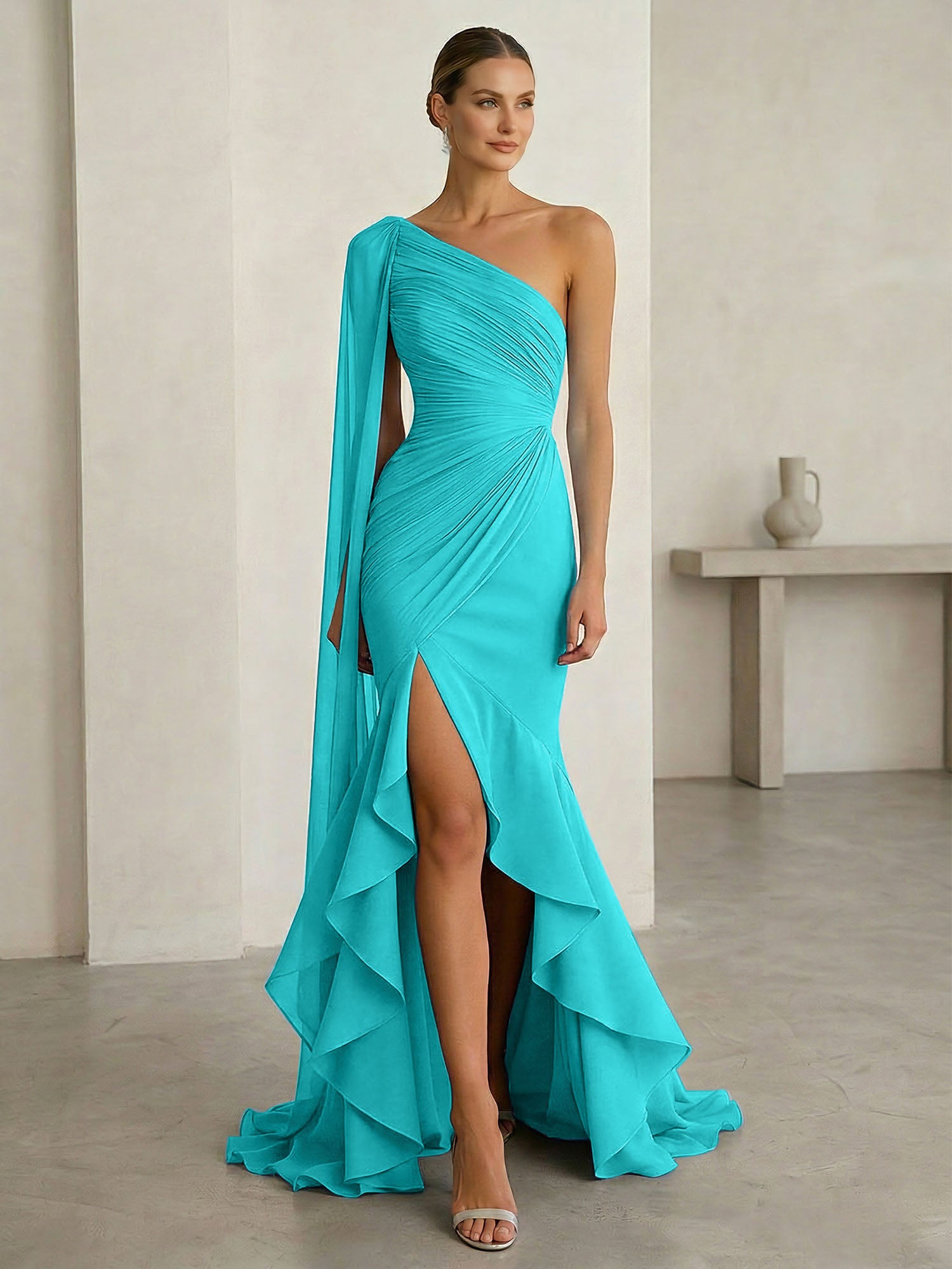 Glamorous Midnight Navy Formal Evening Dress One-Shoulder Ruched Cape Gown