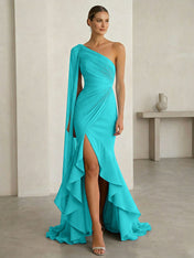 Glamorous Midnight Navy Formal Evening Dress One-Shoulder Ruched Cape Gown