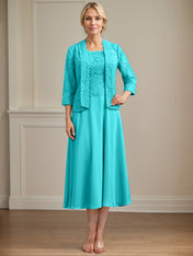 A-line Scoop Tea-Length Lace Chiffon Mother of the Bride Dress