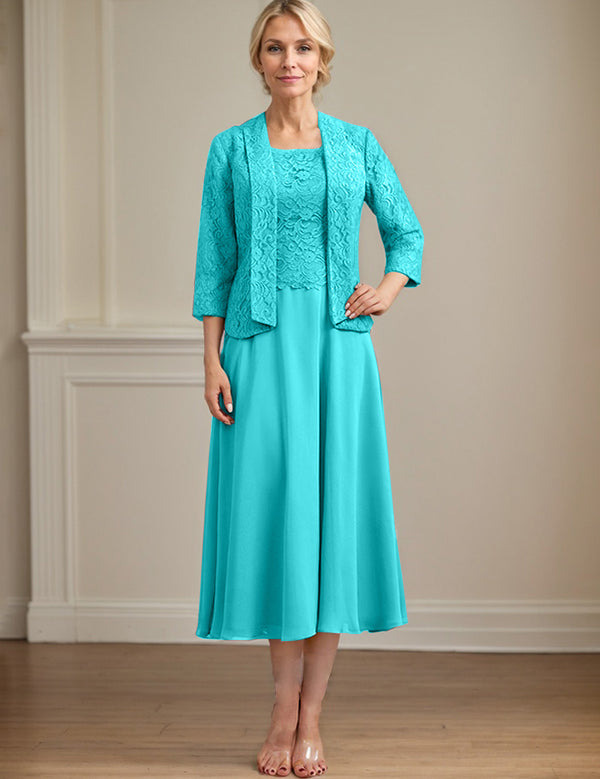 A-line Scoop Tea-Length Lace Chiffon Mother of the Bride Dress