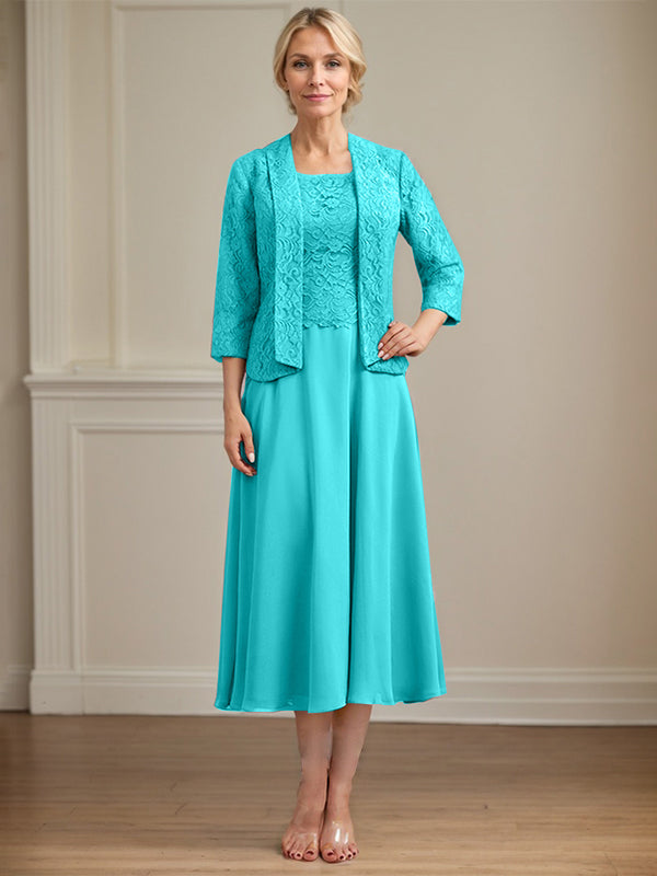 A-line Scoop Tea-Length Lace Chiffon Mother of the Bride Dress