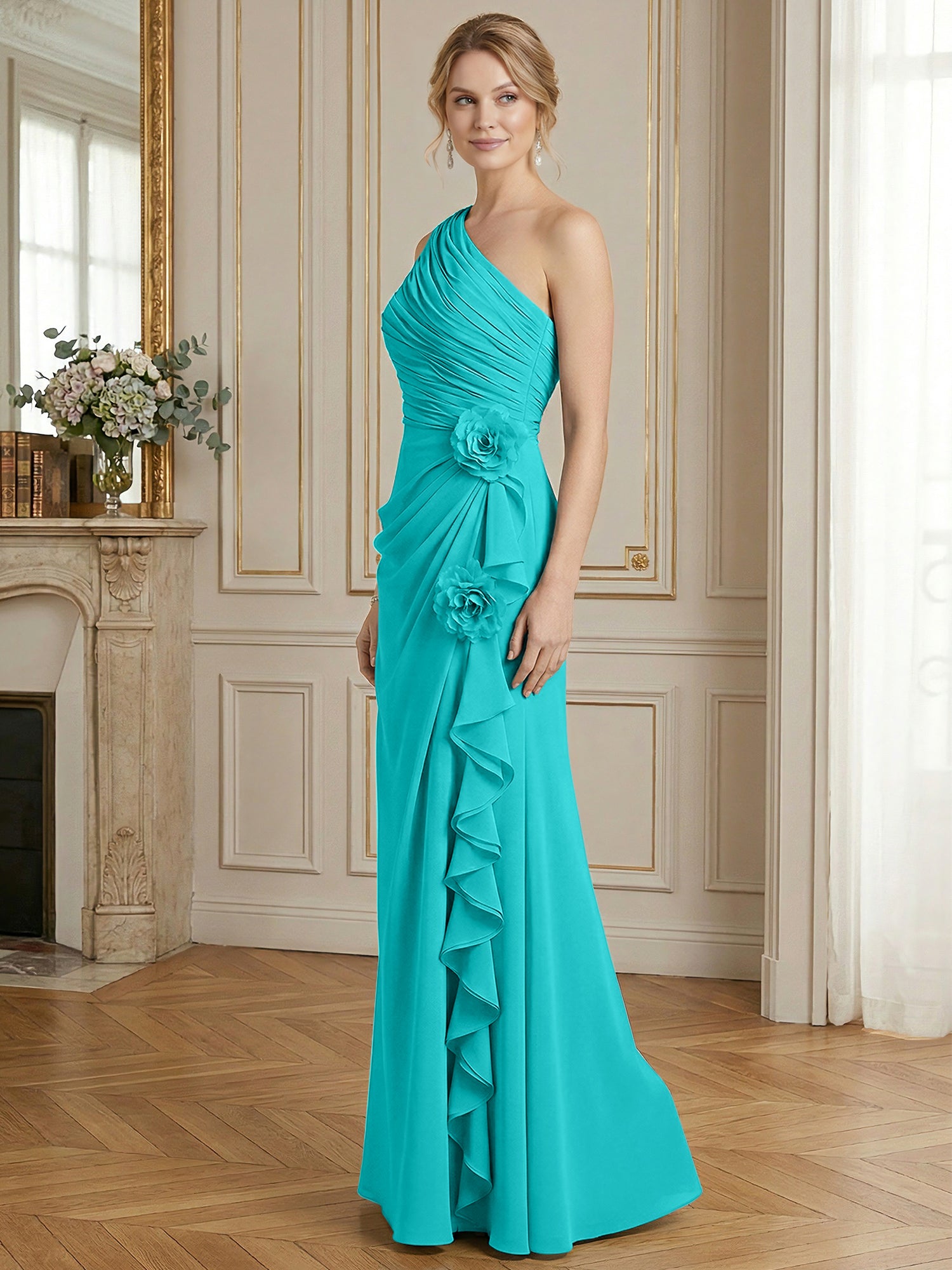 Dusty Blue One-Shoulder Ruched Floral Maxi Dress Gown