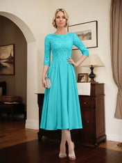 A-line Scoop Illusion Tea-Length Chiffon Lace Mother of the Bride Dress With Beading Sequins