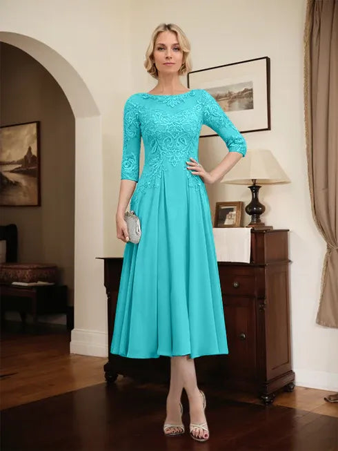 A-line Scoop Illusion Tea-Length Chiffon Lace Mother of the Bride Dress With Beading Sequins
