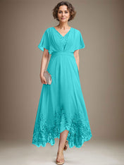A-line V-Neck Asymmetrical Lace Chiffon Mother of the Bride Dress With Pleated