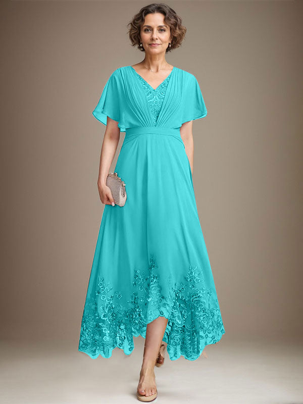A-line V-Neck Asymmetrical Lace Chiffon Mother of the Bride Dress With Pleated