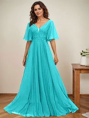 A-line V-Neck Floor-Length Chiffon Mother of the Bride Dress With Sequins Appliques Lace Pleated