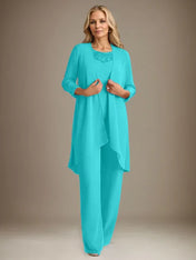 Chiffon Scoop Long Sleeves Mother Of The Bride Pantsuits With Jacket
