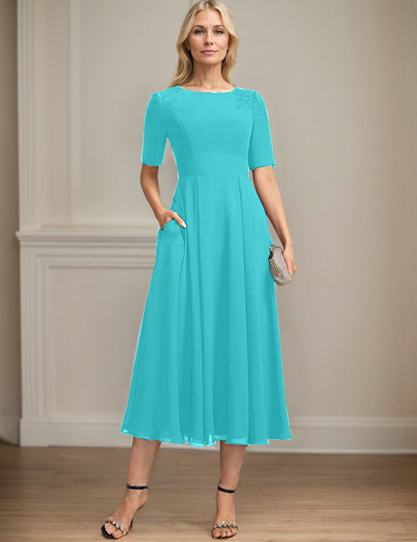 A-line Scoop Tea-Length Chiffon Mother of the Bride Dress With Appliques Lace Sequins