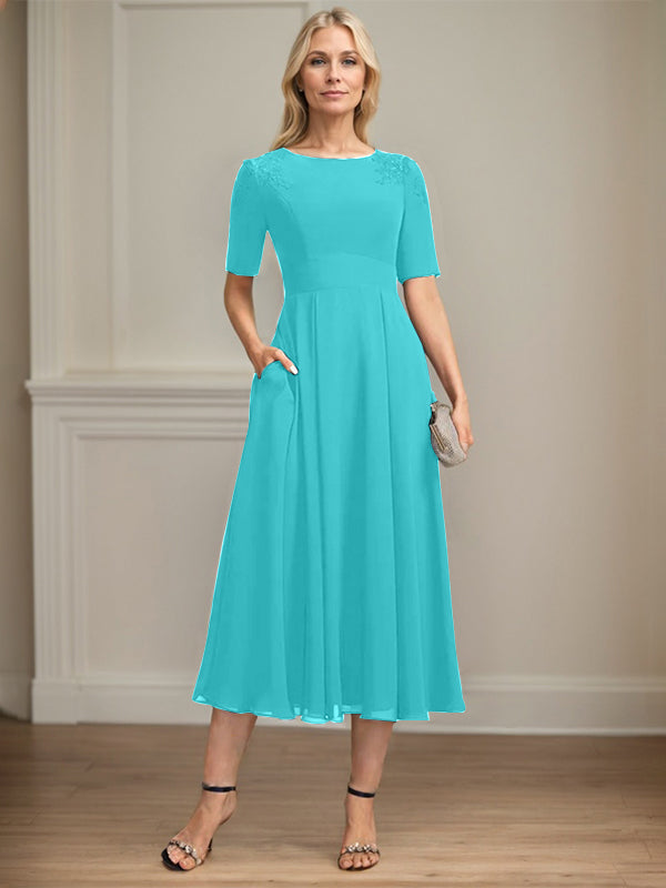 A-line Scoop Tea-Length Chiffon Mother of the Bride Dress With Appliques Lace Sequins