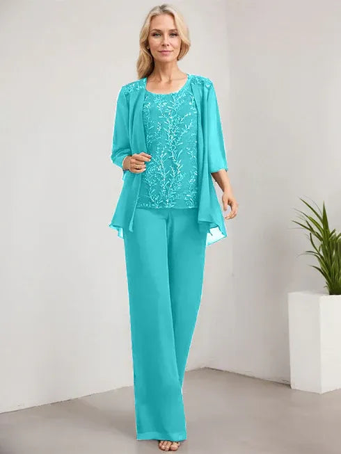 Pantsuit Scoop Floor-Length Lace Chiffon Mother of the Bride Dress With Sequins