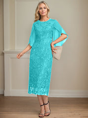 Sheath/Column Scoop Tea-Length Lace Chiffon Mother of the Bride Dress