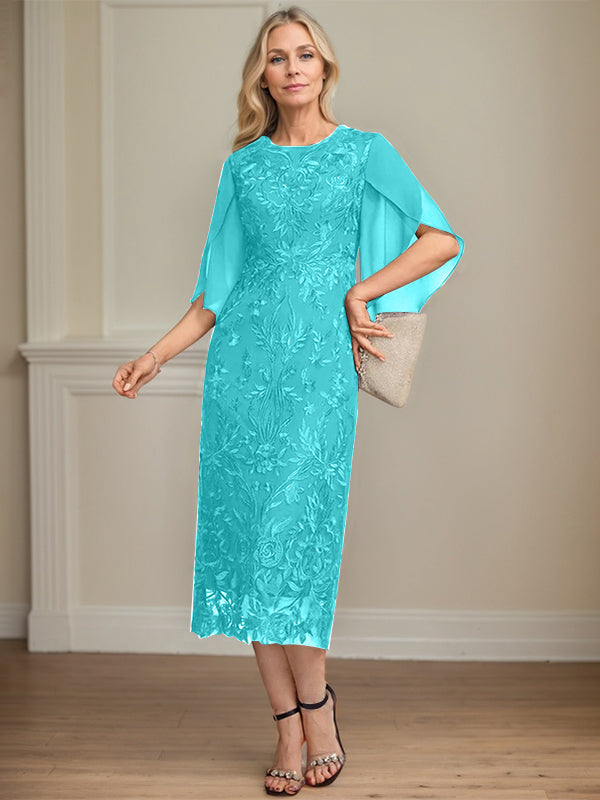 Column Scoop Tea-Length Lace Chiffon Mother of the Bride Dress