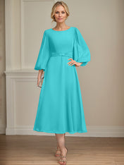 A-line Scoop Tea-Length Chiffon Mother of the Bride Dress With Crystal Brooch Pleated