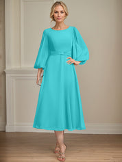 A-line Scoop Tea-Length Chiffon Mother of the Bride Dress With Crystal Brooch Pleated