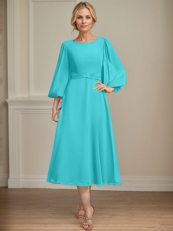 A-line Scoop Tea-Length Chiffon Mother of the Bride Dress With Crystal Brooch Pleated