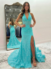 Black Mermaid Lace Halter Long Prom Dress with Slit