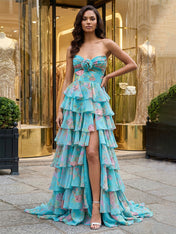 Turquoise Floral Strapless Cutout Tiered Ruffle Long Prom Dress