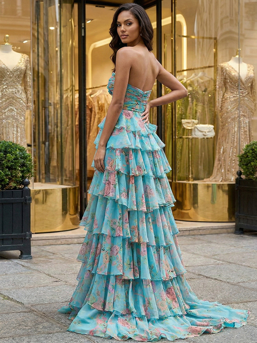 Turquoise Floral Strapless Cutout Tiered Ruffle Long Prom Dress