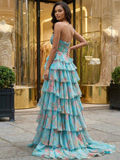 Turquoise Floral Strapless Cutout Tiered Ruffle Long Prom Dress