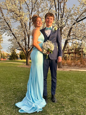 Turquoise Halter V-Neck Side Waist Cutouts Prom Dress with High Slit