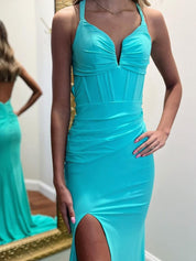 Turquoise Mermaid V-Neck Pleats Satin Long Prom Dress with Slit