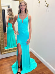 Turquoise Mermaid V-Neck Pleats Satin Long Prom Dress with Slit