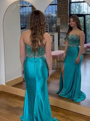 Turquoise Strapless Crystal Bodice Scattered Rhinestone Prom Dress