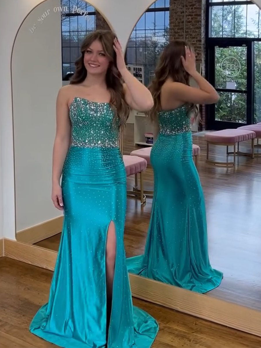 Turquoise Strapless Crystal Bodice Scattered Rhinestone Prom Dress