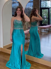 Turquoise Strapless Crystal Bodice Scattered Rhinestone Prom Dress