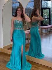 Turquoise Strapless Crystal Bodice Scattered Rhinestone Prom Dress