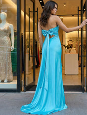 Turquoise Strapless Satin Twist-Front Cutout Long Prom Dress