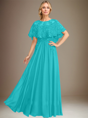 A-line Boat Neck Floor-Length Lace Chiffon Mother of the Bride Dress With Applique Sequins