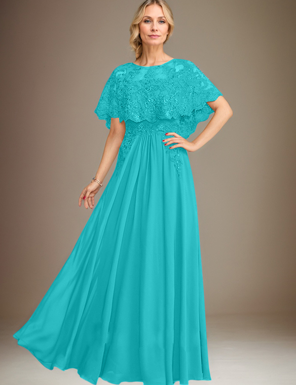 A-line Boat Neck Floor-Length Lace Chiffon Mother of the Bride Dress With Applique Sequins