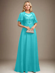 A-line Scoop Illusion Floor-Length Lace Chiffon Mother of the Bride Dress With Sequins