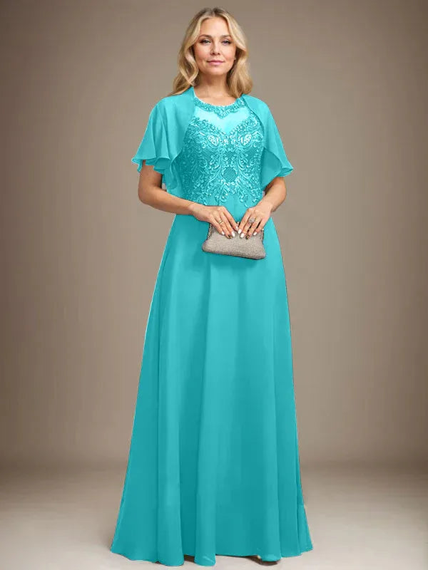 A-line Scoop Illusion Floor-Length Lace Chiffon Mother of the Bride Dress With Sequins